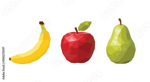 Stylized low-poly geometric banana, red apple, and green pear, isolated on a white background, digital modern art.