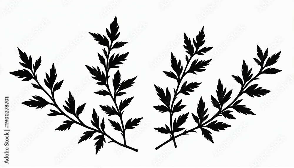 Fototapeta premium Black silhouette of two ornamental plant sprigs on white background. Simple botanical illustration for design elements. Use for culinary or decor.