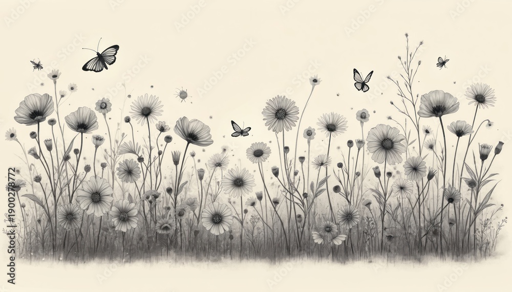 Obraz premium Monochrome pencil sketch shows diverse wildflowers with butterflies and insects in a meadow. Delicate petals and thin stems create an airy feel perfect for nature themes.