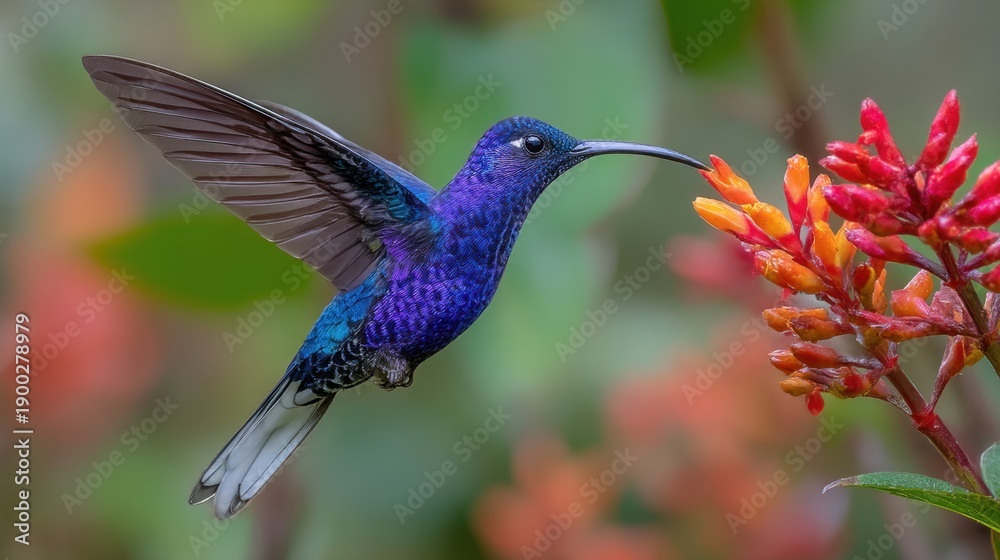 Fototapeta premium Vibrant purple hummingbird feeding on red flowers in nature.
