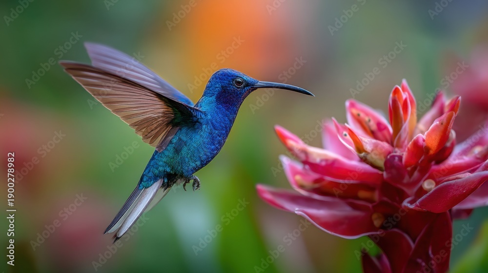 Fototapeta premium Vibrant blue hummingbird hovering by red tropical flower in lush garden.