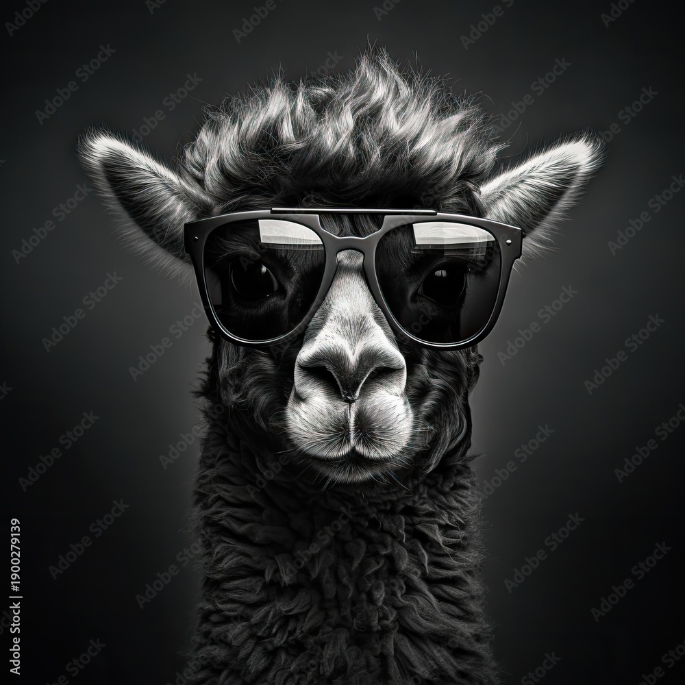 Fototapeta premium Alpaca with sunglasses on dark background creating a cool and humorous identity. Animal humanization concept for avatar or advertisement.