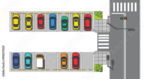Top-down view of a busy parking lot with various cars, adjacent to a road with a crosswalk and traffic lights, urban