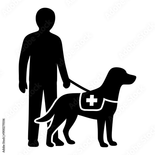 Illustration of guide dog standing next to owner with medical symbol on vest