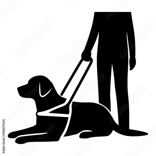 Illustration of black silhouette of a person guiding a lying guide dog