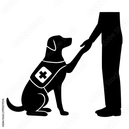 Illustration of black silhouette of a guide dog assisting a person