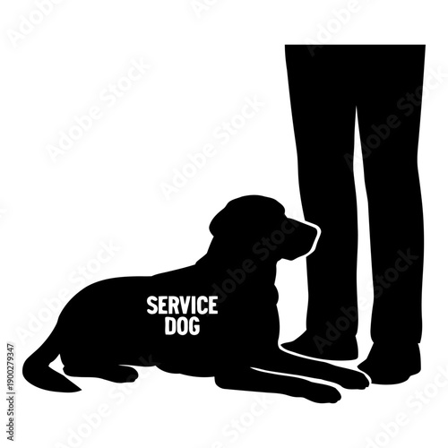 Illustration of black silhouette of a service dog lying down beside a person