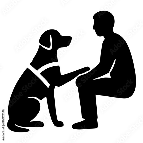 Illustration of black silhouette of a man and service dog sitting together