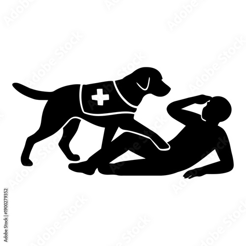 Illustration of black silhouette of a service dog assisting a person