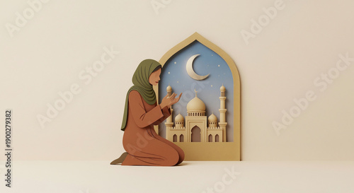 A kneeling woman wearing a green headscarf faces a paper-cut mosque model set inside a gold pointed arch with a crescent moon and small stars on a blue backdrop in soft calm light.