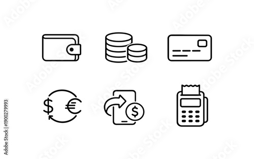 Collection of financial icons representing wallet, coins, credit card, currency exchange, mobile payment, and POS terminal
