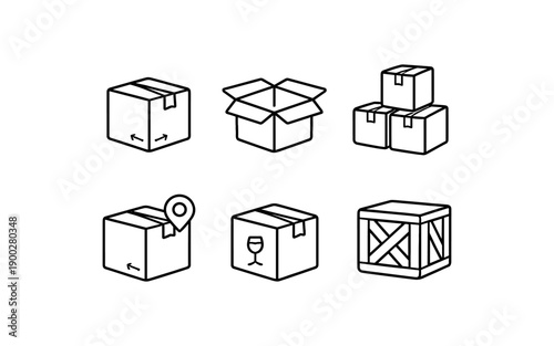 Collection of simple line art icons representing various types of shipping boxes and crates