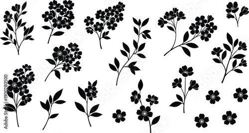 Black floral silhouette collection with leaves and blossoms, elegant botanical vector elements isolated on white background for decoration, design, branding, and creative nature themes