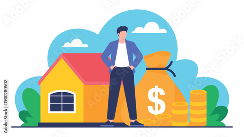 A confident man standing in front of a house with a money bag and coins, symbolizing financial security and wealth.
