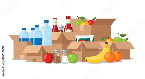 Large stack of cardboard food boxes overflowing with bottled water, fresh fruits, and various pantry items for donation