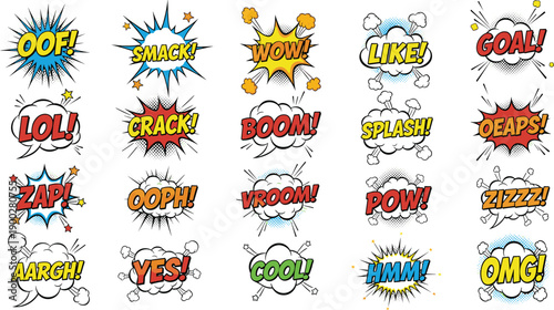 Colorful comic pop art speech bubbles with cartoon sound effects words like wow, boom, zap, pow, isolated on white background for fun graphic design
