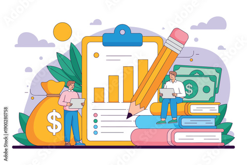 Two men standing next to a large clipboard with a bar graph, surrounded by money and books, engaged in financial planning and education.