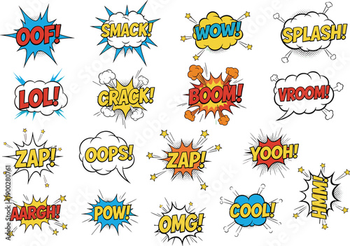 Colorful comic sound effect collection featuring expressive words and dynamic typography with bursts and shapes, perfect for pop art, graphic novels, and storytelling design projects