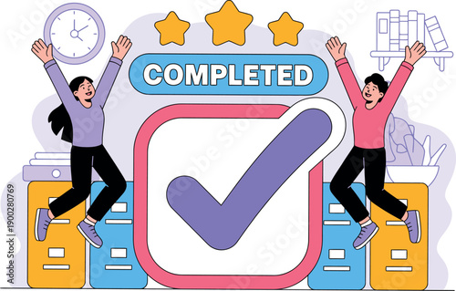 Two happy colleagues celebrating completing a task with a large checkmark and three gold stars