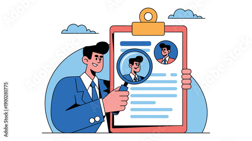 A cartoon businessman holding a magnifying glass to a resume on a clipboard, examining it carefully.