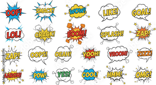 Colorful comic speech bubble and sound effect collection featuring expressive words and onomatopoeia, perfect for graphic novels, pop art, storytelling, and dynamic design projects