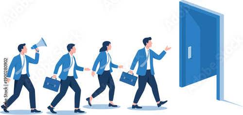 A group of business professionals walking through an open door together in a line.