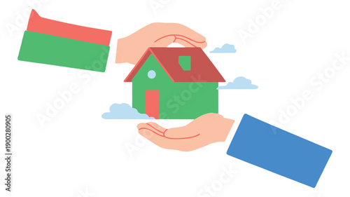 A pair of hands holding and protecting a small green house with a red roof.