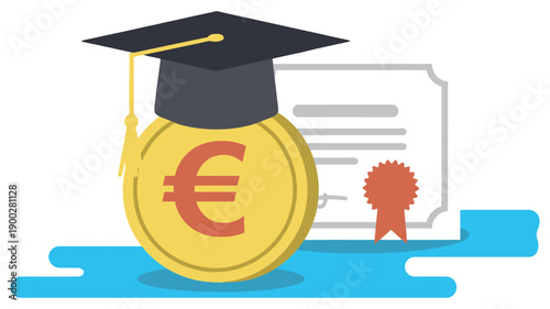 An illustration of a graduation cap on a euro coin with a certificate in the background, symbolizing education and financial reward.