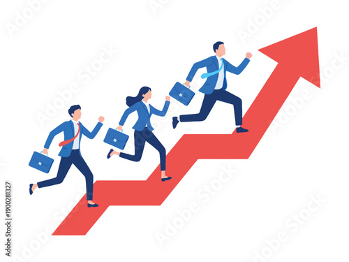 Three business professionals running up a red arrow, symbolizing career growth and success