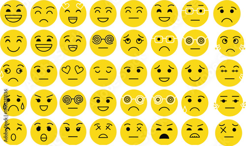 Set of yellow emoji faces showing various human emotions and facial expressions isolated on white background for UI design, social media, messaging, and digital communication concepts