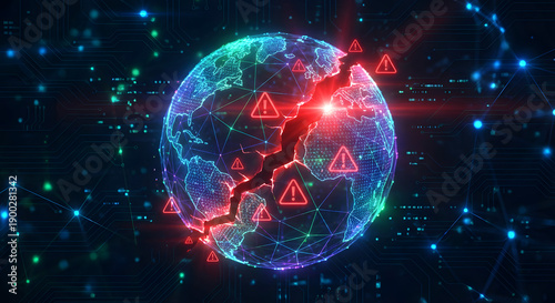 cracked digital globe showing global cyber attack with red warning alert icons and network security breach on dark futuristic circuit board background for technology and hacking