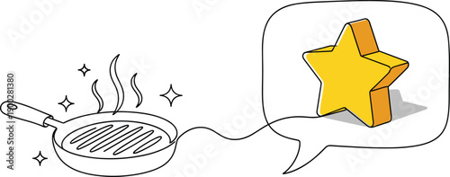Stylized frying pan illustration with steam, sparkles, and star rating symbol, representing cooking excellence, quality achievement, and creative kitchen design for food and culinary projects