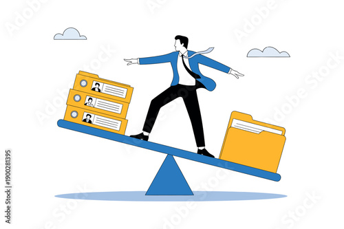 A businessman balancing work and personal life on a seesaw with files and resumes