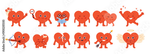 Adorable heart characters expressing love, joy, and emotions, perfect for Valentine Day themes, isolated on white background vector illustration