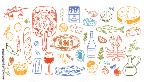 Hand-drawn color line Mediterranean food icons elements set with seafood, pasta, vegetables, and wine. Traditional Italian and Greek elements isolated on white background vector illustration