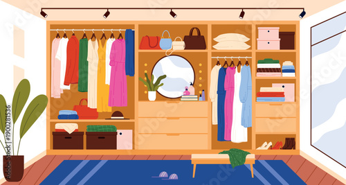 Cozy wardrobe room interior with organized clothes, handbags, shoes and folded textiles, wooden closet, mirror and decor plant in contemporary home dressing area vector illustration