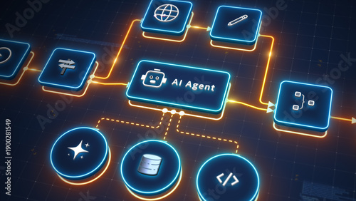 AI agent automation workflow diagram with connected nodes on futuristic digital technology interface