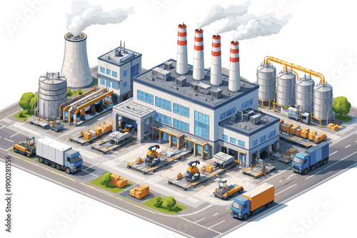 Isometric industrial power plant and factory complex illustration for manufacturing, energy and heavy industry