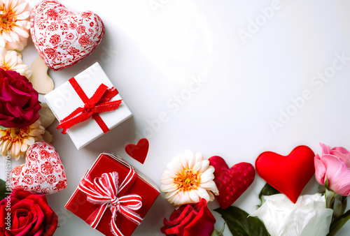 Romantic gift boxes surrounded by flowers and hearts.