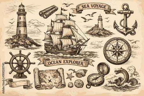 Vintage nautical exploration illustration with sailing ship, lighthouse and maritime symbols