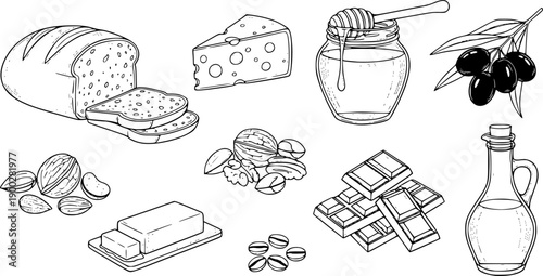 vector icons of bread cheese honey olives nuts butter chocolate coffee beans and oil bottle set