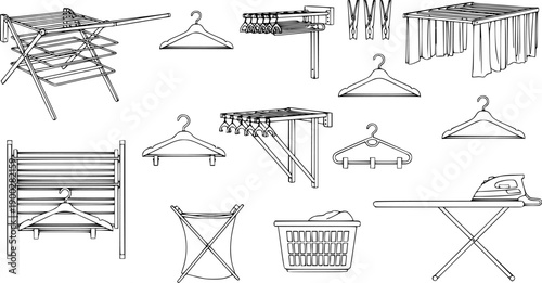 collection of drying racks clothing hangers and laundry accessories in simple black outline style isolated on white background