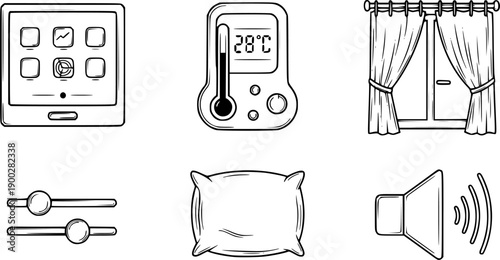 icons of smart home controls including touchscreen, thermostat, window curtain, pillow, and sound settings in minimalist style.