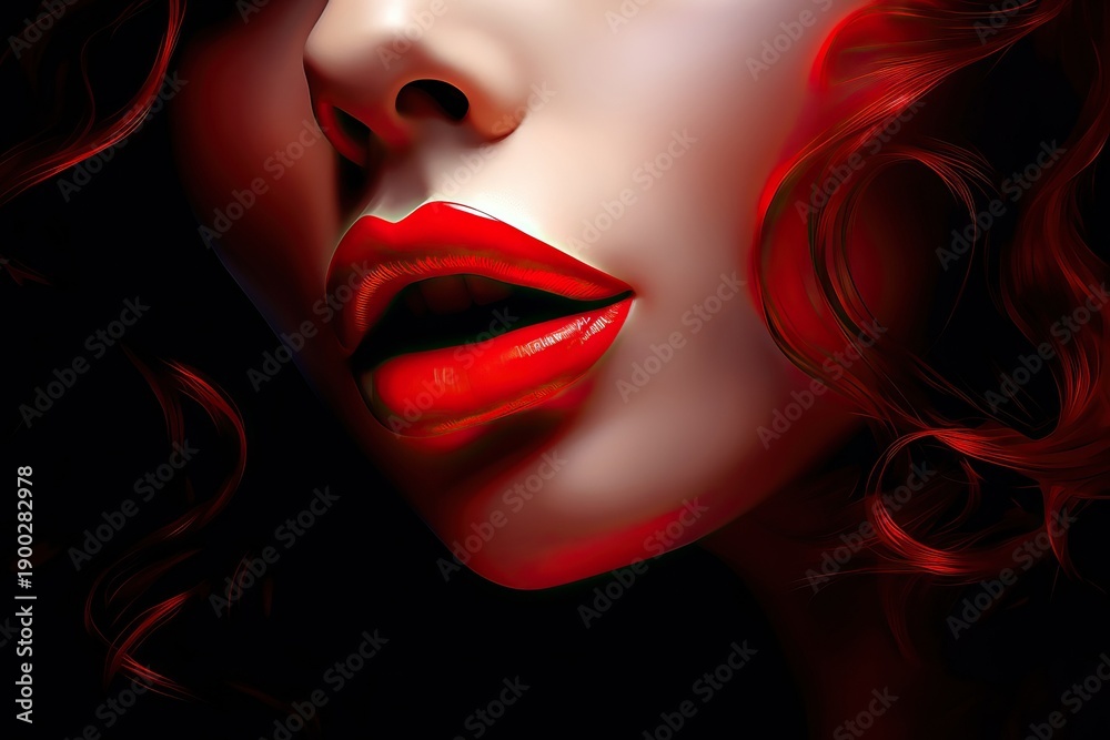 Fototapeta premium Close up of a woman showing sensuous red lips and facial details. Concept of beauty, femininity, and passion for International Womens Day.