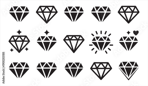 Black diamond silhouette icon set with luxury gemstone symbols