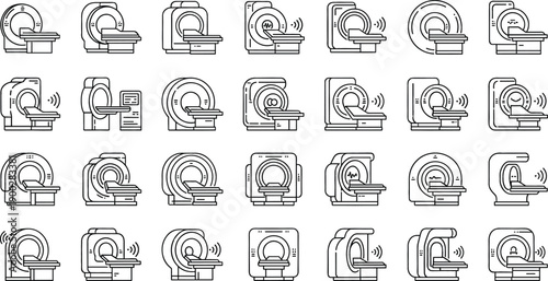 Comprehensive medical imaging icon set featuring MRI CT and PET scan machine variations for radiology and hospital technology