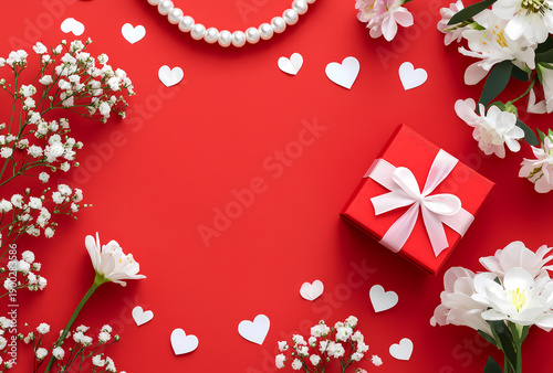 Romantic red gift and flowers with heart shapes.