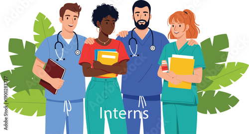 Diverse group of young medical interns and healthcare students in scrubs holding notebooks for hospital education vector illustration