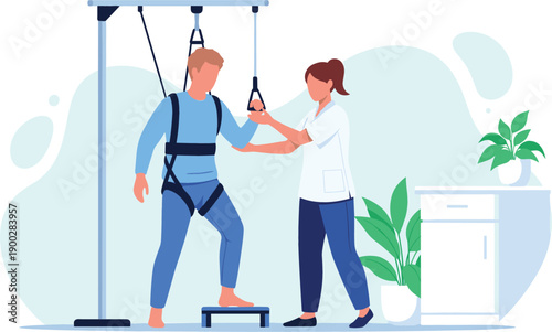 Physical therapist assisting patient in harness during mobility training and gait rehabilitation in a modern clinic office