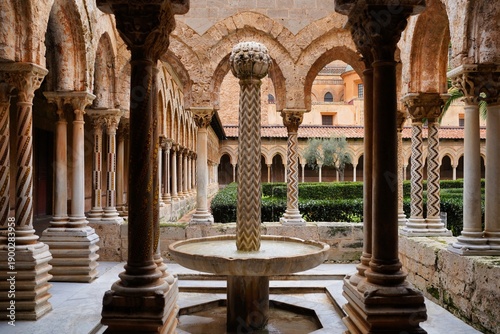 The magnificent Benedictine Cloister in Monreale near Palermo is part of the Cathedral of Monreale.